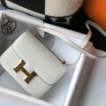 「#4312」 Hermès White Crocodile Pattern Constance Gold Buckle Stewardess Bag 19cm