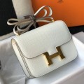 「#4312」 Hermès White Crocodile Pattern Constance Gold Buckle Stewardess Bag 19cm