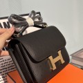 「#4314」 Hermès Black Ostrich Grain Leather Constance Gold Buckle Stewardess Bag 19cm 「#4314」 Hermès Black Ostrich Grain Leather Constance Gold Buckle Stewardess Bag 19cm