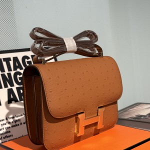 「#4315」Hermès Brown Ostrich Grain Leather Constance Gold Buckle Stewardess Bag 19cm