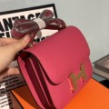 「#4317」 Hermès Rose Red Ostrich Grain Leather Constance Gold Buckle Stewardess Bag 19cm 「#4317」 Hermès Rose Red Ostrich Grain Leather Constance Gold Buckle Stewardess Bag 19cm