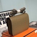 「#4319」Hermès Grey Ostrich Grain Leather Constance Gold Buckle Stewardess Bag 19cm