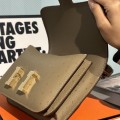 「#4319」Hermès Grey Ostrich Grain Leather Constance Gold Buckle Stewardess Bag 19cm