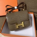 「#4323」 Hermès Constance Elephant Grey Crocodile Pattern Gold Buckle Bag 19cm