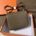 「#4323」 Hermès Constance Elephant Grey Crocodile Pattern Gold Buckle Bag 19cm